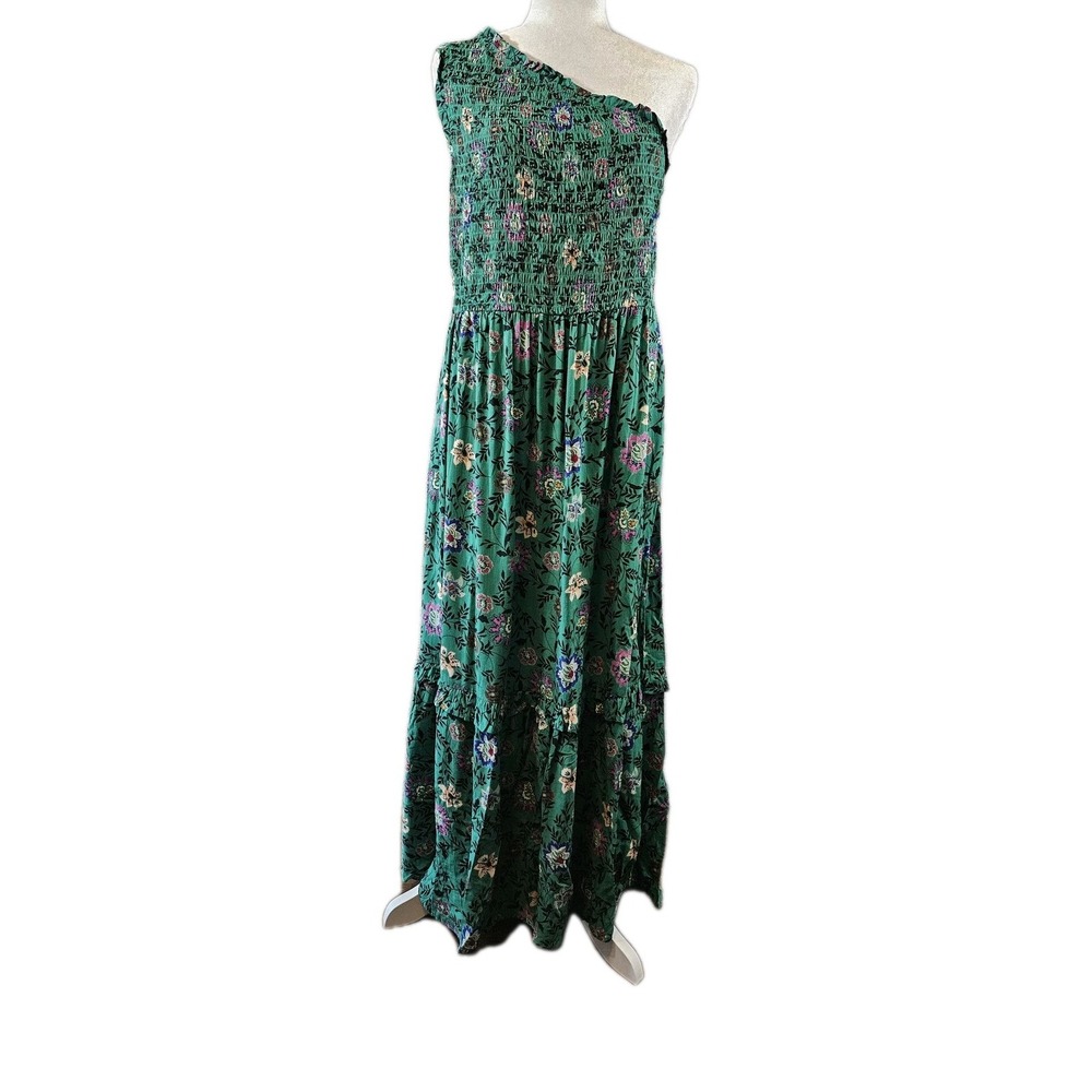 Knox Rose Dress Womens Large Green Floral One Shoulder Maxi Tiered Smocked Long